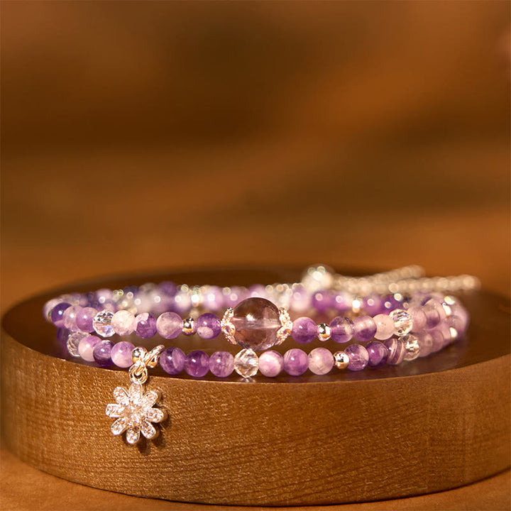 Bracelet double tour de conscience spirituelle en cristal d'améthyste et de tournesol avec Buddha Stones