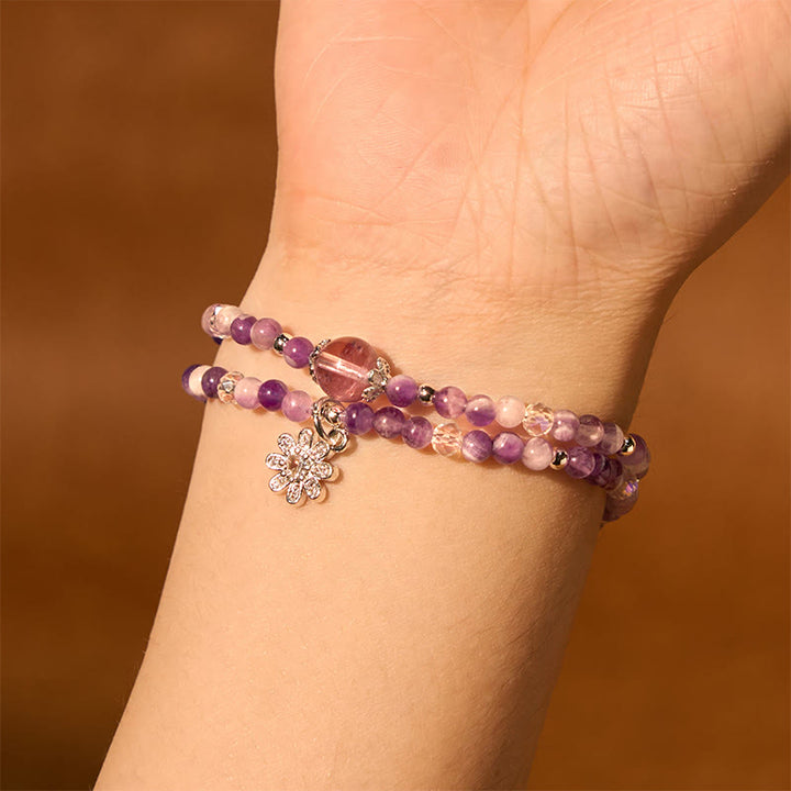 Bracelet double tour de conscience spirituelle en cristal d'améthyste et de tournesol avec Buddha Stones