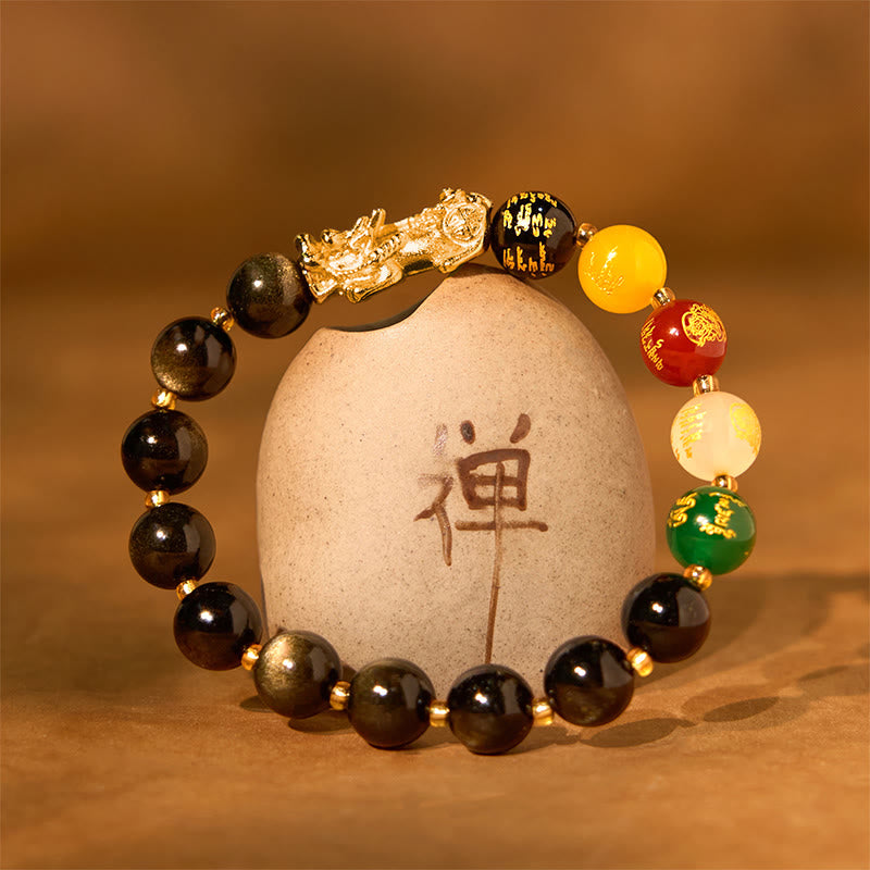 Bracelet de protection PiXiu en obsidienne naturelle dorée et brillante Buddha Stones et dieux des cinq directions