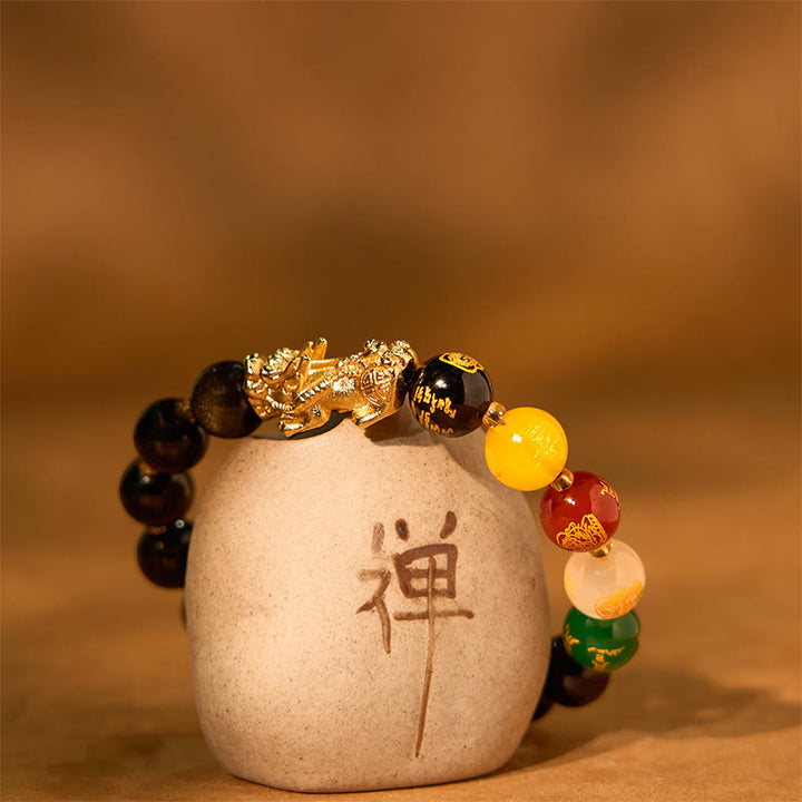 Bracelet de protection PiXiu en obsidienne naturelle dorée et brillante Buddha Stones et dieux des cinq directions