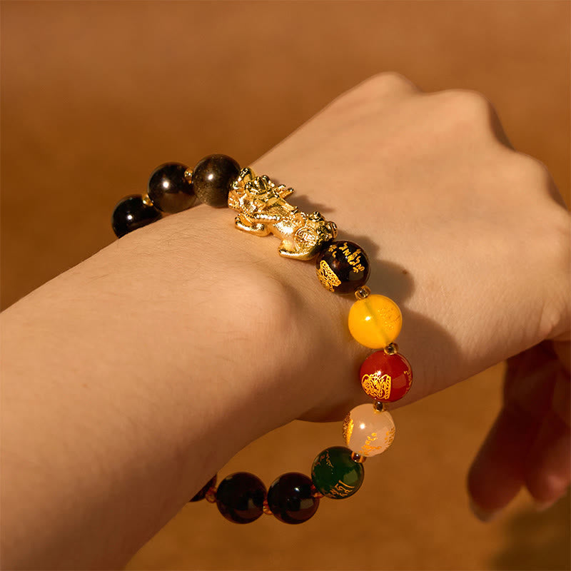 Bracelet de protection PiXiu en obsidienne naturelle dorée et brillante Buddha Stones et dieux des cinq directions