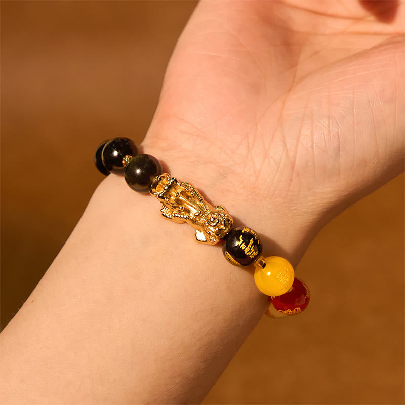 Bracelet de protection PiXiu en obsidienne naturelle dorée et brillante Buddha Stones et dieux des cinq directions