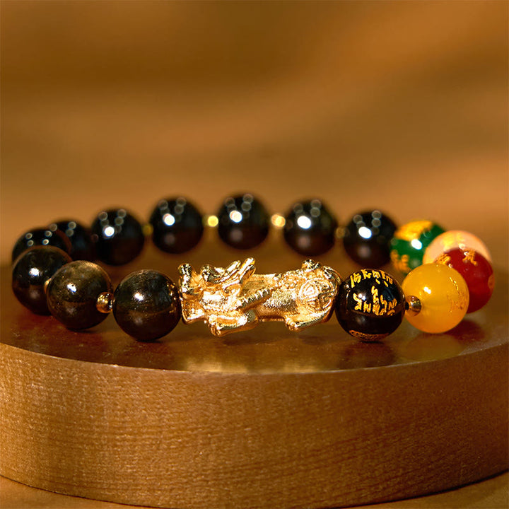 Bracelet de protection PiXiu en obsidienne naturelle dorée et brillante Buddha Stones et dieux des cinq directions