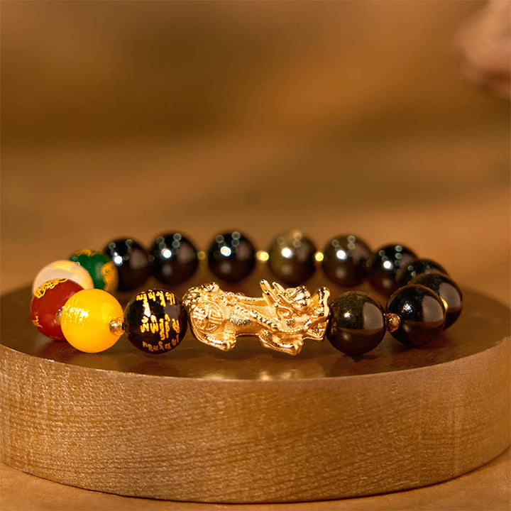 Bracelet de protection PiXiu en obsidienne naturelle dorée et brillante Buddha Stones et dieux des cinq directions