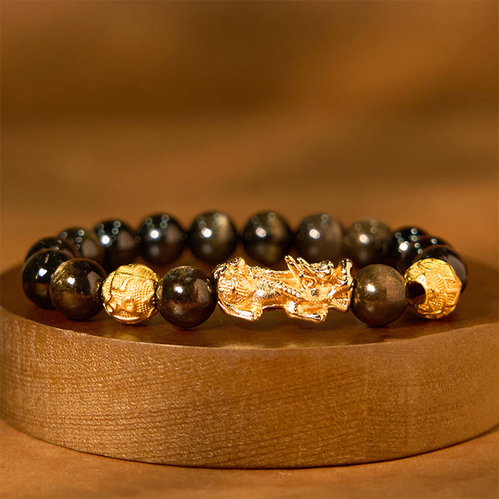 Bracelet de richesse en Buddha Stones naturelle dorée et brillante PiXiu Om Mani Padme Hum
