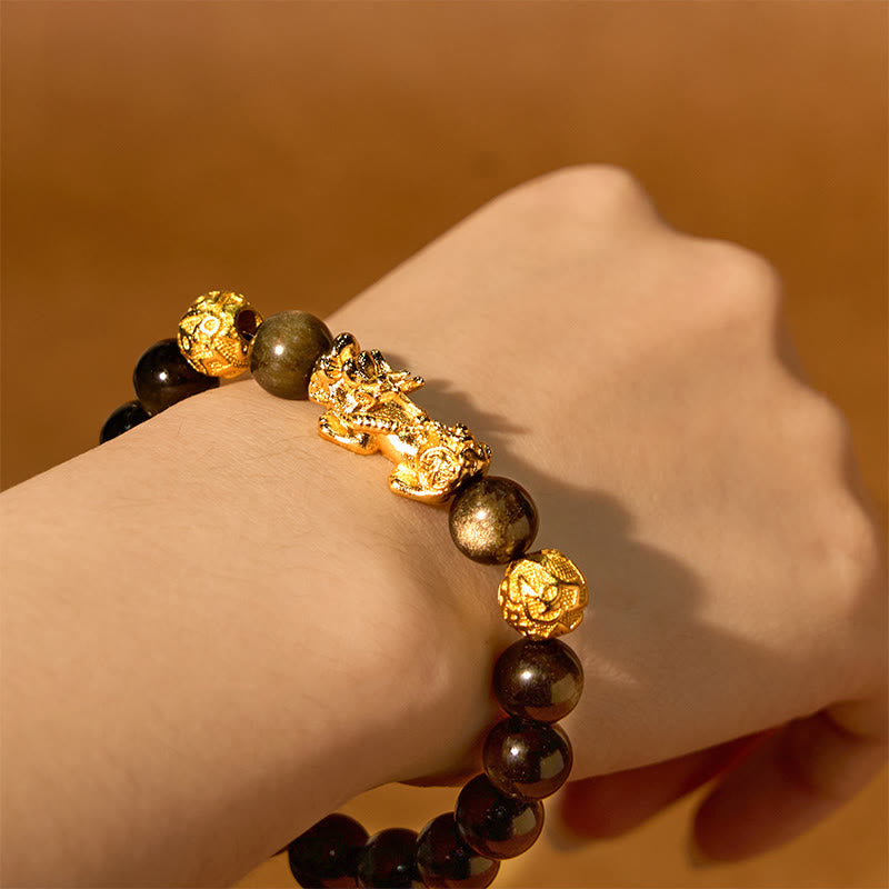 Bracelet de richesse en Buddha Stones naturelle dorée et brillante PiXiu Om Mani Padme Hum