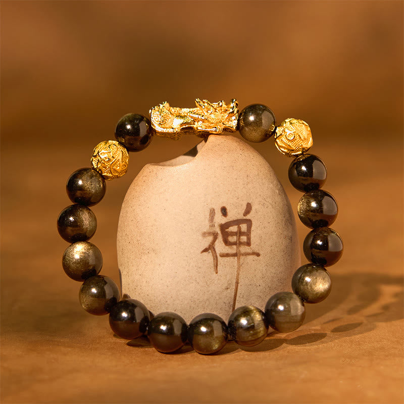 Bracelet de richesse en Buddha Stones naturelle dorée et brillante PiXiu Om Mani Padme Hum