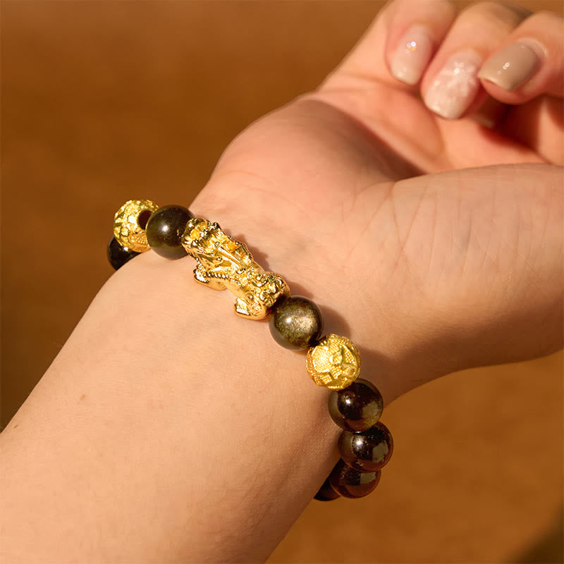 Bracelet de richesse en Buddha Stones naturelle dorée et brillante PiXiu Om Mani Padme Hum