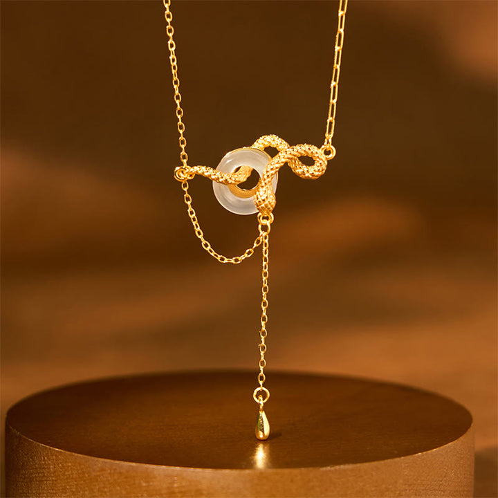 Collier pendentif en argent sterling 925 avec boucle de paix en calcédoine et Buddha Stones, pendentif en or de l'année du serpent - Collier serpent doré en argent sterling 925 et calcédoine (longueur : 40 + 5 cm) - image 0