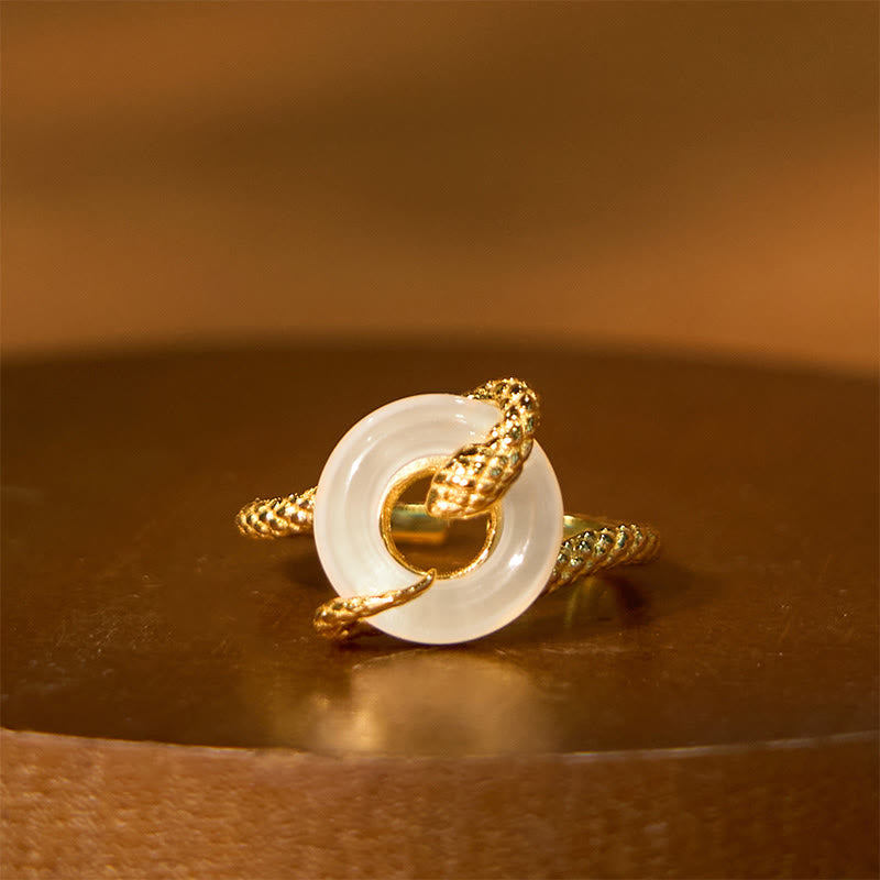 Bague d'harmonie en argent sterling 925 avec boucle de paix en calcédoine et Buddha Stones Année du serpent - Calcédoine Argent Sterling 925 Serpent Doré (Réglable) - image 0