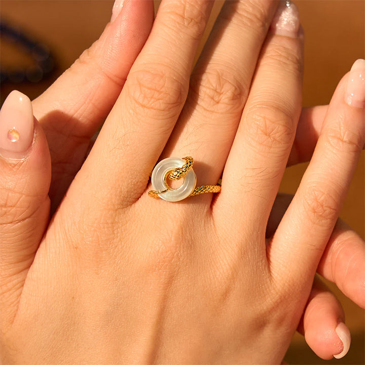 Bague d'harmonie en argent sterling 925 avec boucle de paix en calcédoine et Buddha Stones Année du serpent