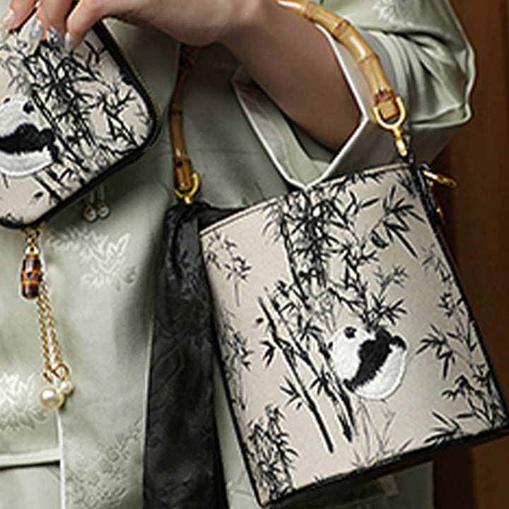 Sac à bandoulière brodé Buddha Stones Panda Bamboo Magpie