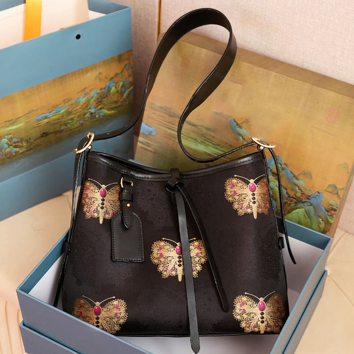 Sac à bandoulière en brocart fait main avec des Buddha Stones, des fleurs, des grues, des cerfs, des papillons