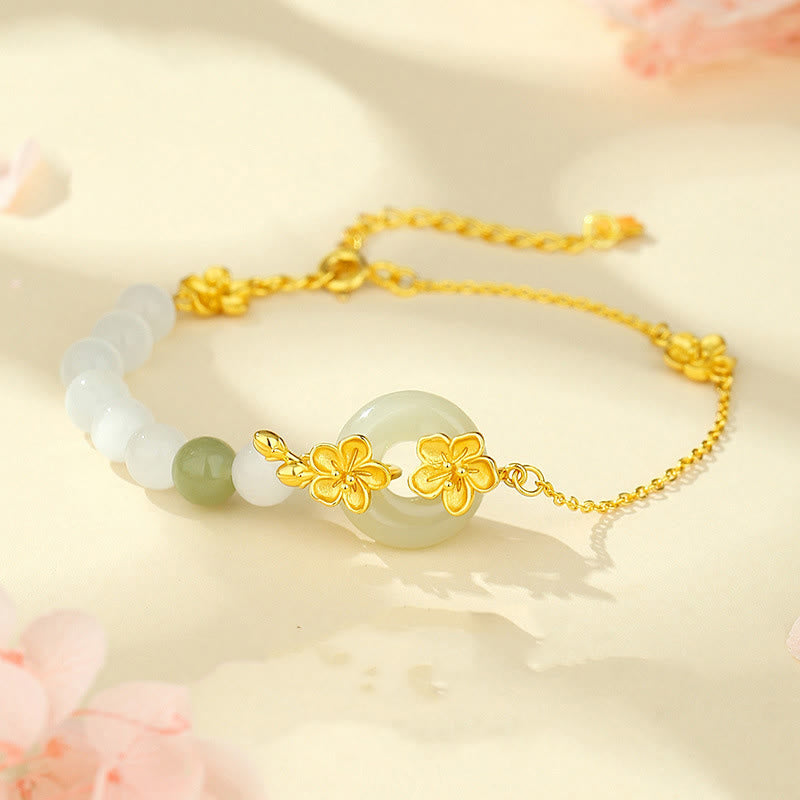 Bracelet d'amour en argent sterling 999 Buddha Stones, chrysobéryl, jade Hetian - Jade Hetian chrysobéryl, argent sterling 999 doré (tour de poignet : 14-19 cm) - image 0
