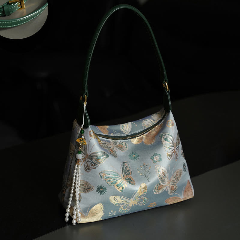 Sac à bandoulière en brocart de soie Xiangyunsha avec Buddha Stones, lotus, bambou, grue, cerf, papillon, montagne