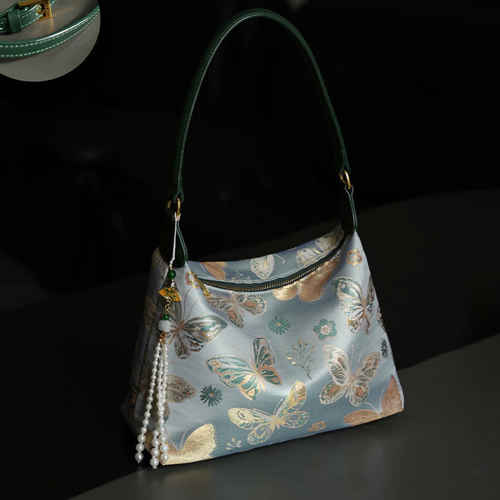 Sac à bandoulière en brocart de soie Xiangyunsha avec Buddha Stones, lotus, bambou, grue, cerf, papillon, montagne