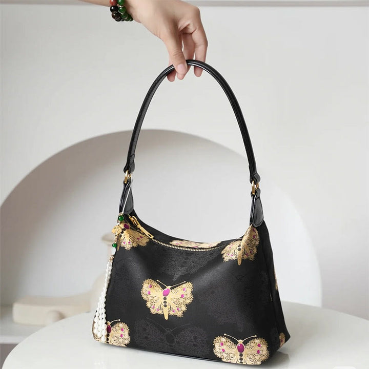 Sac à bandoulière en brocart de soie Xiangyunsha avec Buddha Stones, lotus, bambou, grue, cerf, papillon, montagne