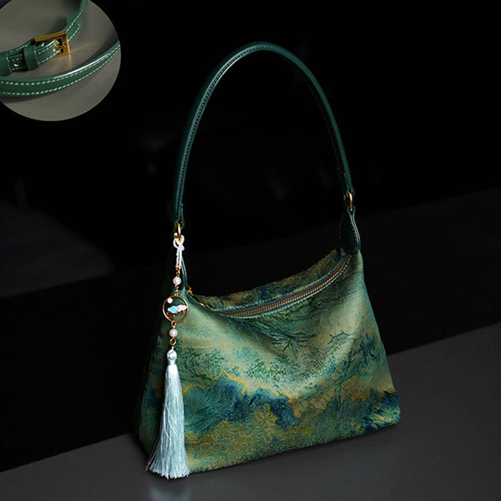Sac à bandoulière en brocart de soie Xiangyunsha avec Buddha Stones, lotus, bambou, grue, cerf, papillon, montagne