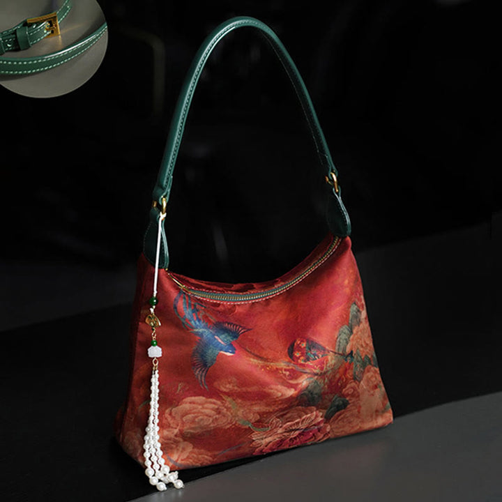 Sac à bandoulière en brocart de soie Xiangyunsha avec Buddha Stones, lotus, bambou, grue, cerf, papillon, montagne