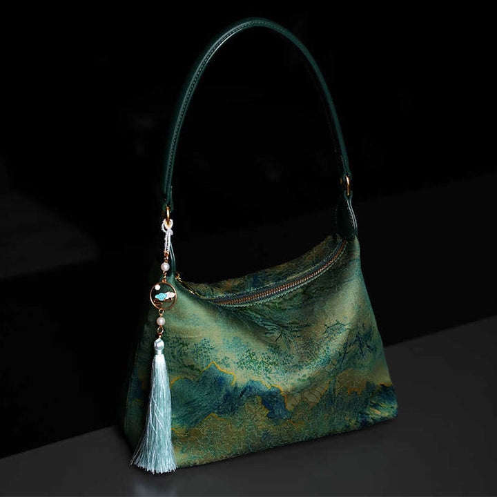 Sac à bandoulière en brocart de soie Xiangyunsha avec Buddha Stones, lotus, bambou, grue, cerf, papillon, montagne