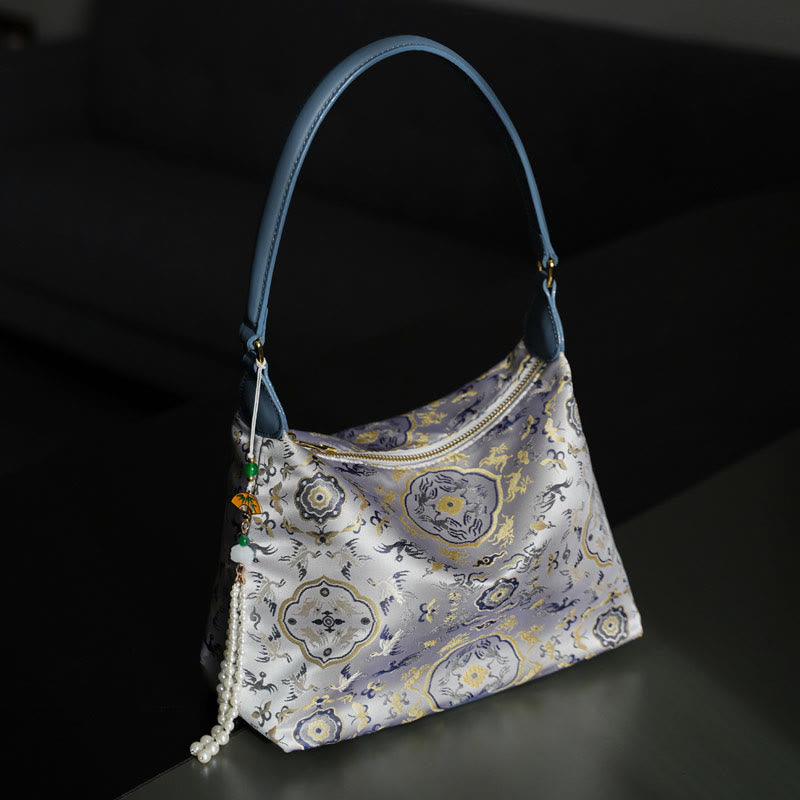 Sac à bandoulière en brocart de soie Xiangyunsha avec Buddha Stones, lotus, bambou, grue, cerf, papillon, montagne