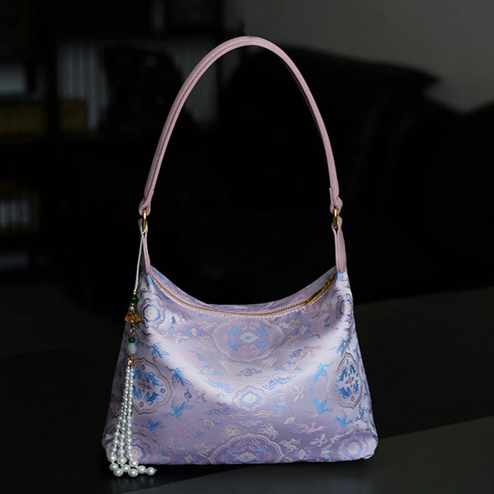 Sac à bandoulière en brocart de soie Xiangyunsha avec Buddha Stones, lotus, bambou, grue, cerf, papillon, montagne