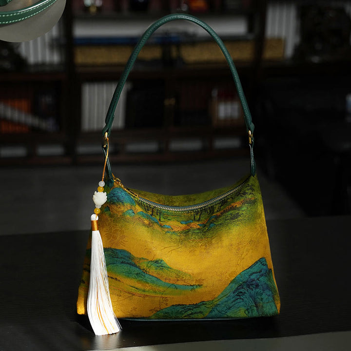 Sac à bandoulière en brocart de soie Xiangyunsha avec Buddha Stones, lotus, bambou, grue, cerf, papillon, montagne