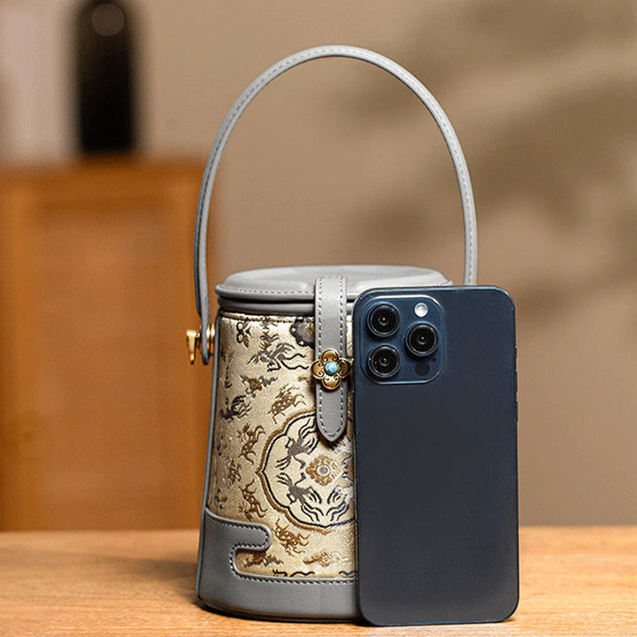 Sac à bandoulière en soie Xiangyunsha avec Buddha Stones, fleur de bambou, brocart