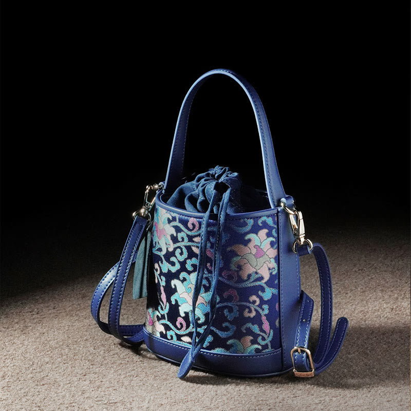 Sac à bandoulière rétro en brocart avec branches entrelacées de lotus et Buddha Stones