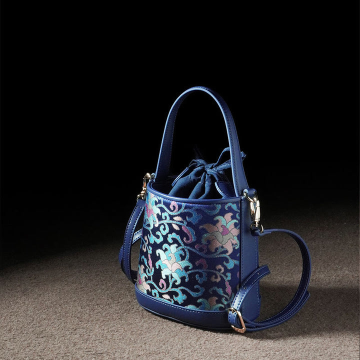 Sac à bandoulière rétro en brocart avec branches entrelacées de lotus et Buddha Stones