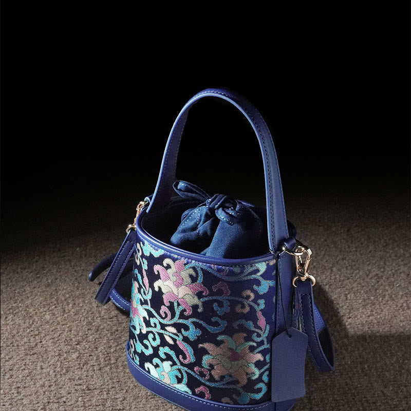 Sac à bandoulière rétro en brocart avec branches entrelacées de lotus et Buddha Stones