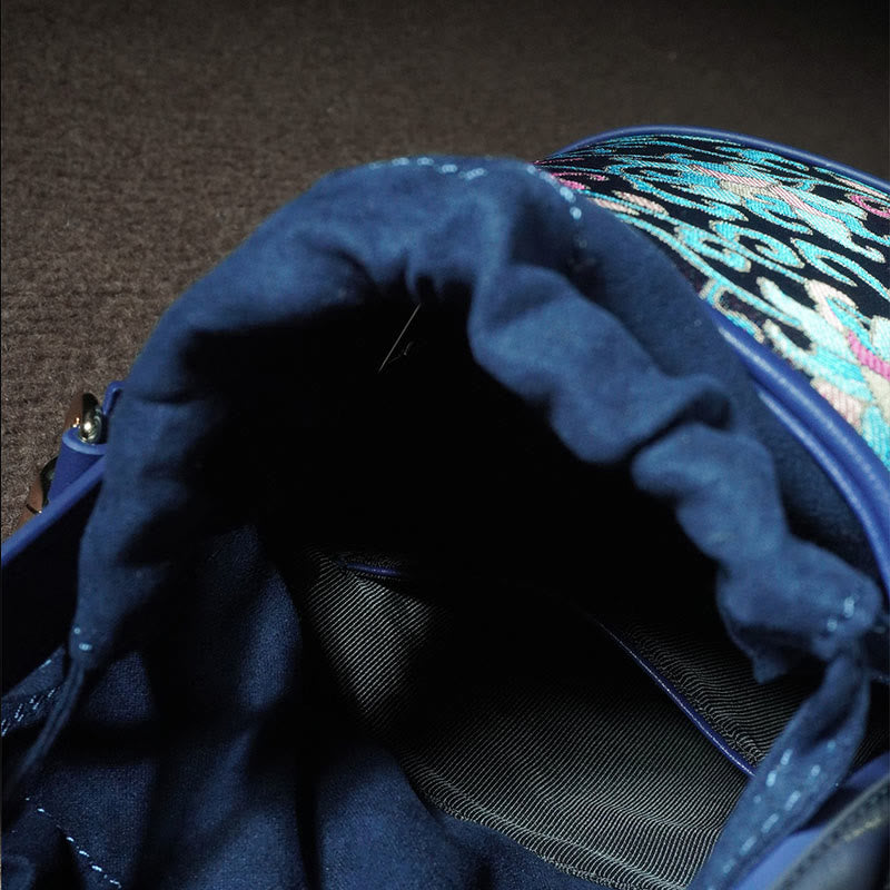 Sac à bandoulière rétro en brocart avec branches entrelacées de lotus et Buddha Stones