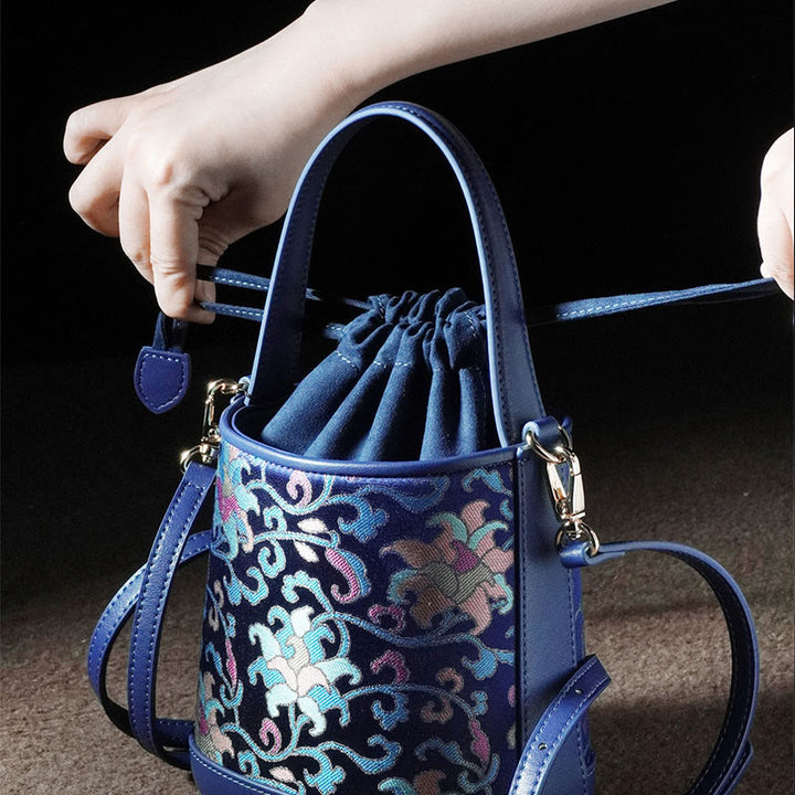 Sac à bandoulière rétro en brocart avec branches entrelacées de lotus et Buddha Stones