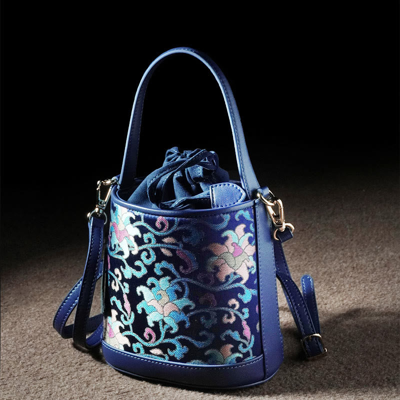 Sac à bandoulière rétro en brocart avec branches entrelacées de lotus et Buddha Stones