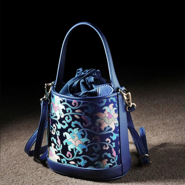 Sac à bandoulière rétro en brocart avec branches entrelacées de lotus et Buddha Stones