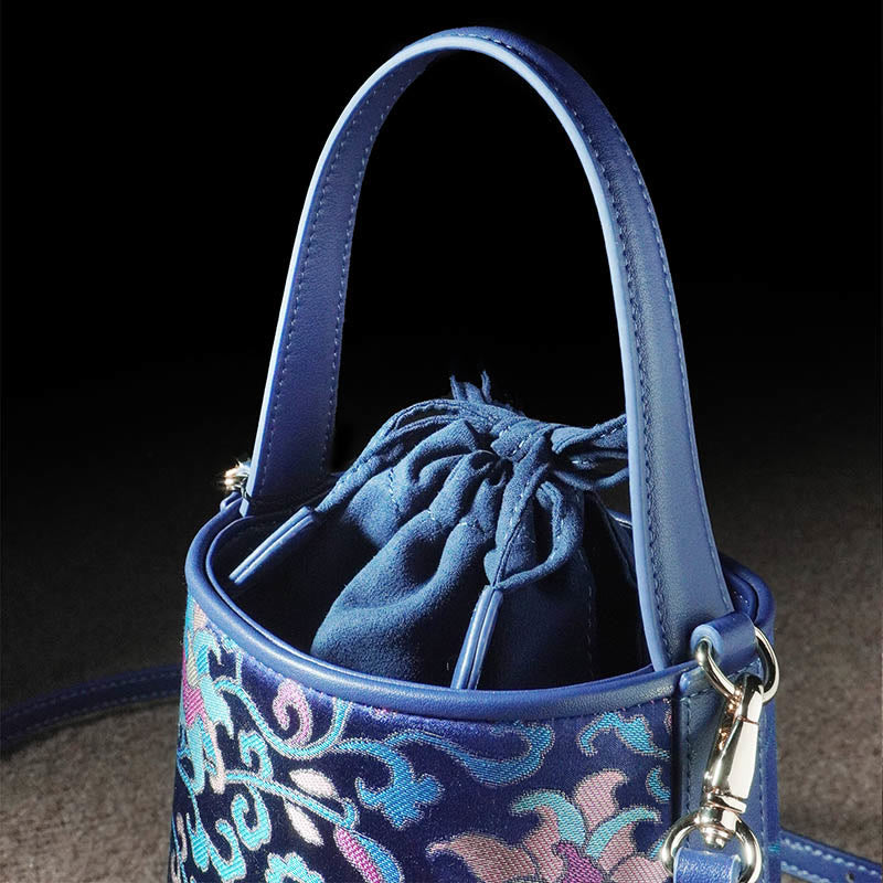 Sac à bandoulière rétro en brocart avec branches entrelacées de lotus et Buddha Stones