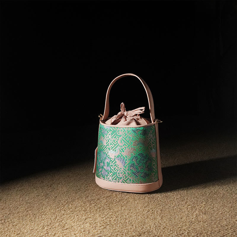 Sac à bandoulière rétro en brocart avec branches entrelacées de lotus et Buddha Stones