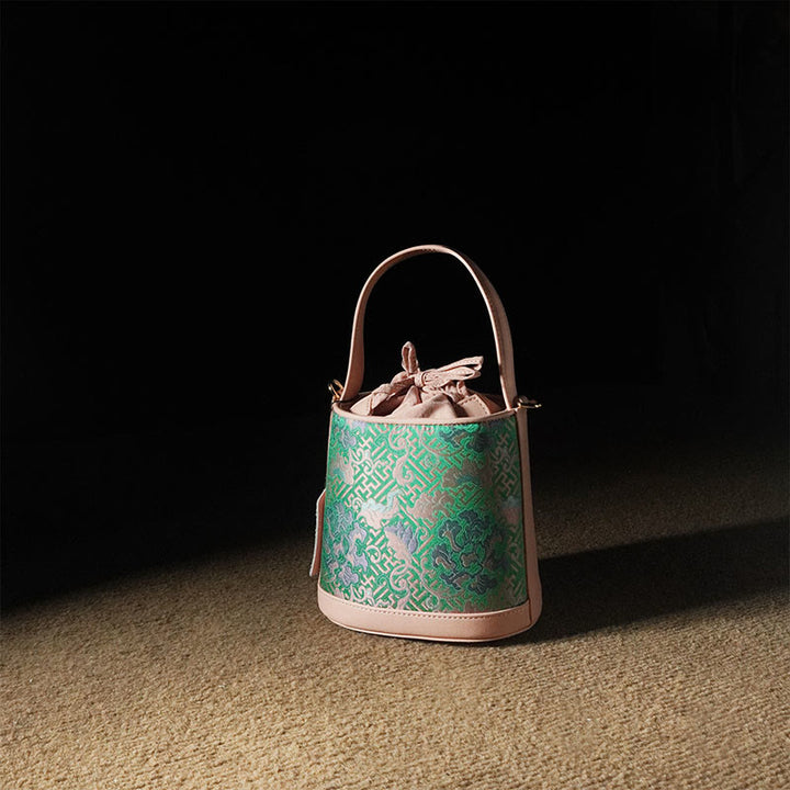 Sac à bandoulière rétro en brocart avec branches entrelacées de lotus et Buddha Stones
