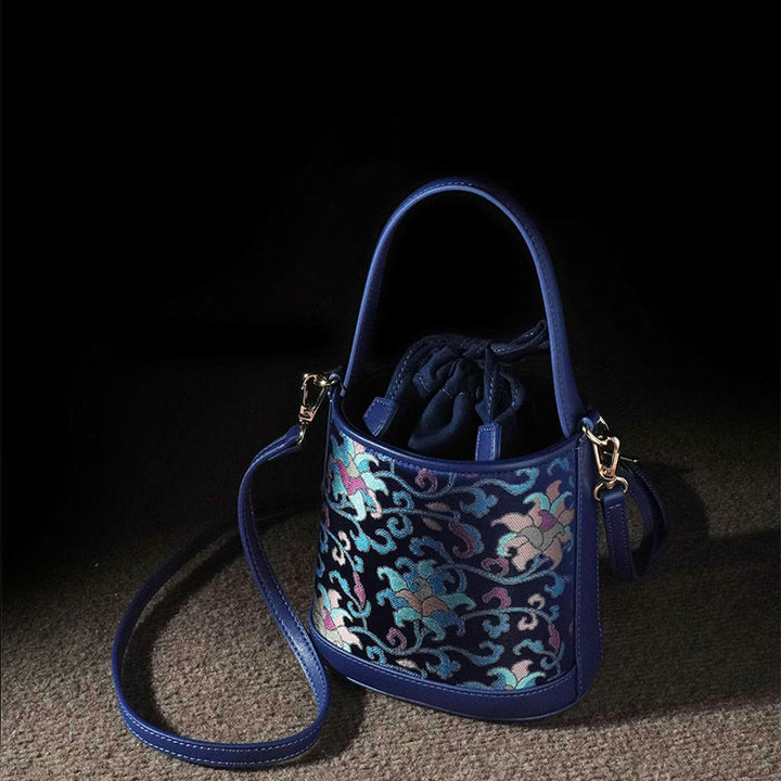 Sac à bandoulière rétro en brocart avec branches entrelacées de lotus et Buddha Stones
