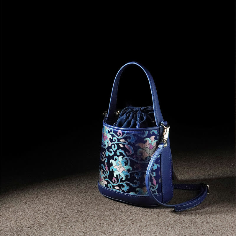 Sac à bandoulière rétro en brocart avec branches entrelacées de lotus et Buddha Stones
