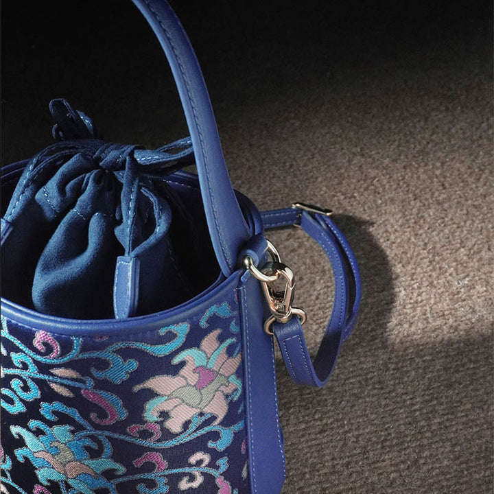 Sac à bandoulière rétro en brocart avec branches entrelacées de lotus et Buddha Stones
