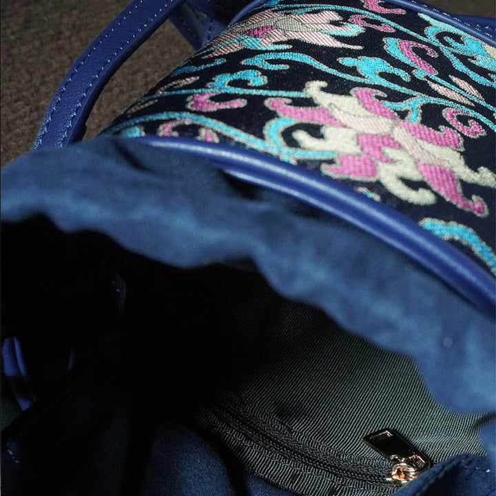 Sac à bandoulière rétro en brocart avec branches entrelacées de lotus et Buddha Stones