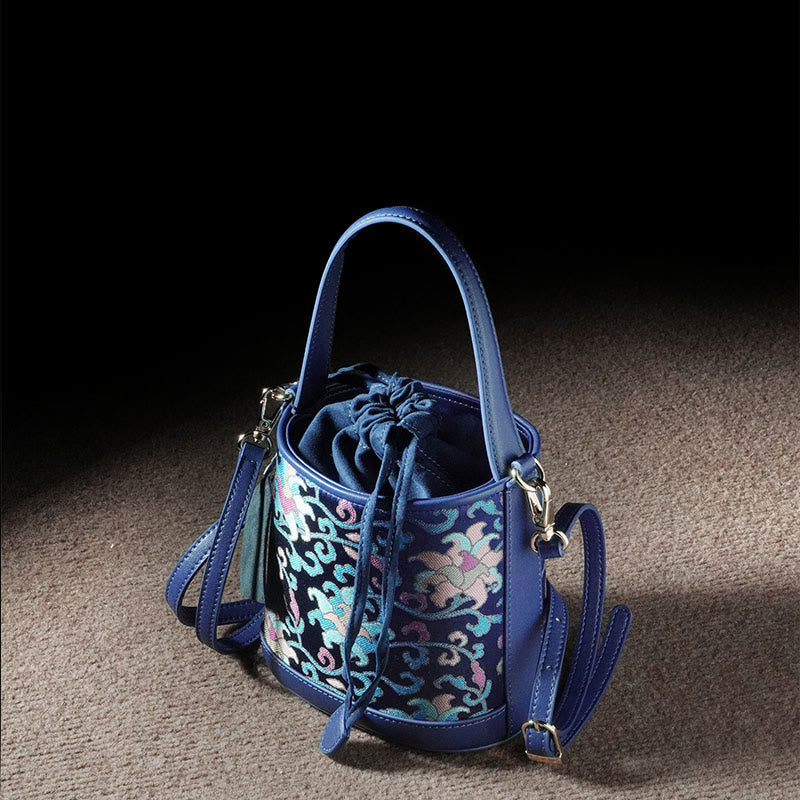 Sac à bandoulière rétro en brocart avec branches entrelacées de lotus et Buddha Stones