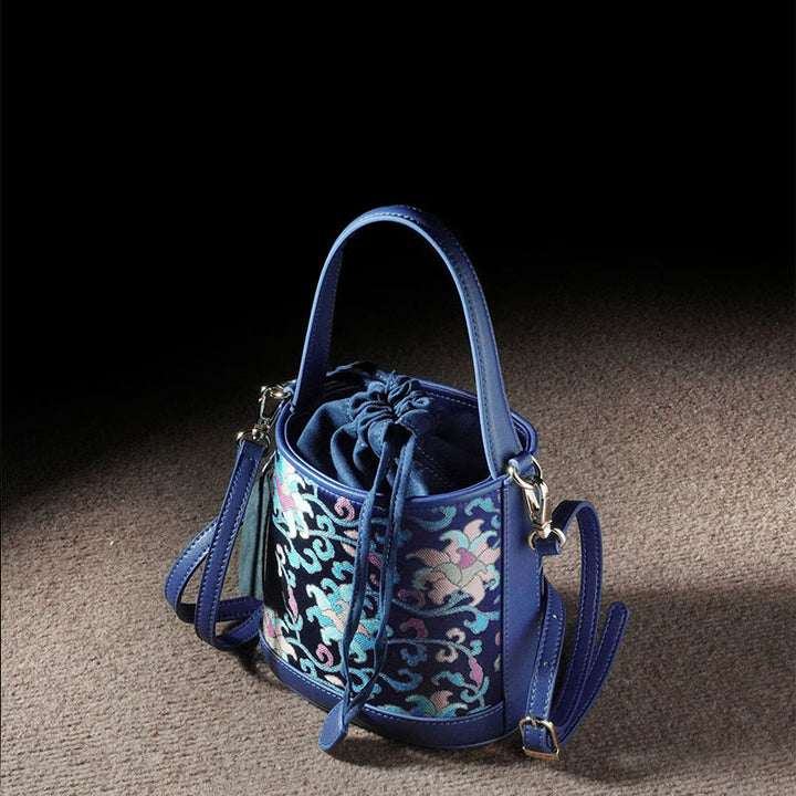 Sac à bandoulière rétro en brocart avec branches entrelacées de lotus et Buddha Stones