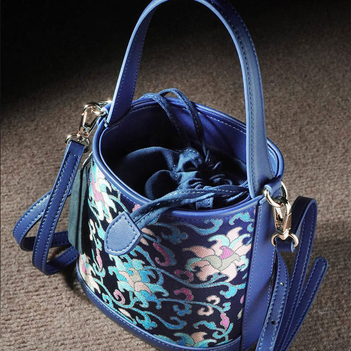 Sac à bandoulière rétro en brocart avec branches entrelacées de lotus et Buddha Stones