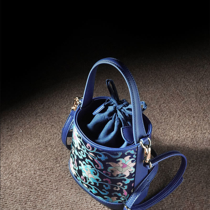 Sac à bandoulière rétro en brocart avec branches entrelacées de lotus et Buddha Stones