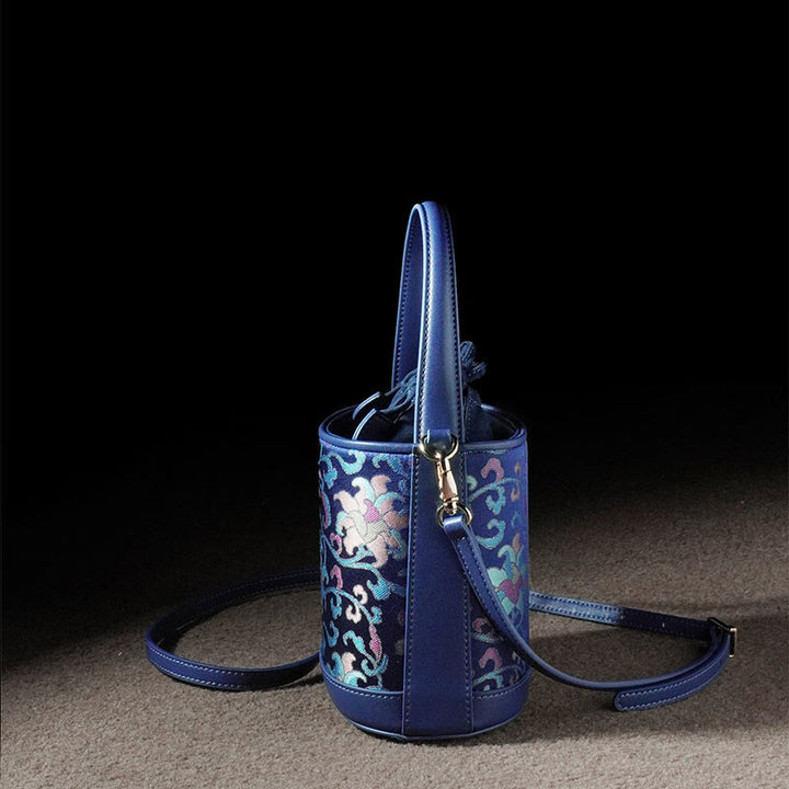 Sac à bandoulière rétro en brocart avec branches entrelacées de lotus et Buddha Stones