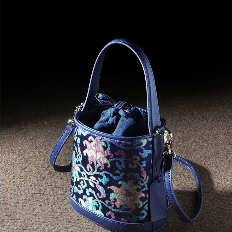 Sac à bandoulière rétro en brocart avec branches entrelacées de lotus et Buddha Stones