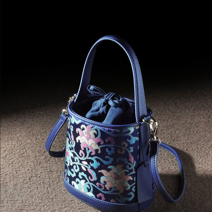 Sac à bandoulière rétro en brocart avec branches entrelacées de lotus et Buddha Stones