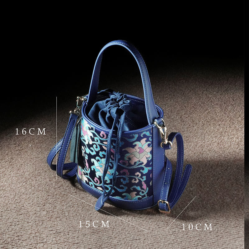 Sac à bandoulière rétro en brocart avec branches entrelacées de lotus et Buddha Stones